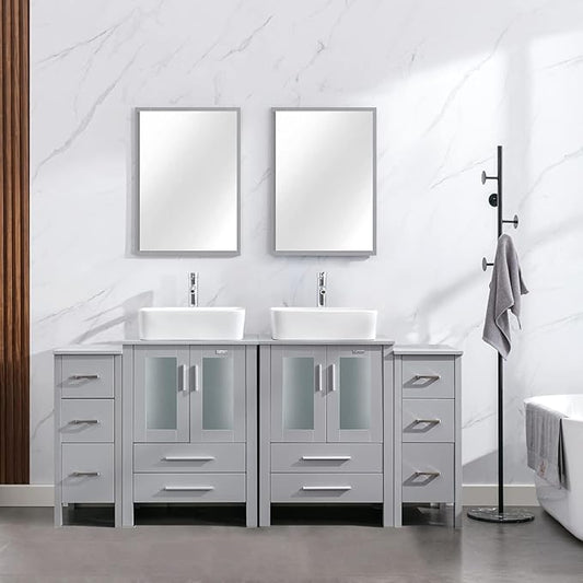 eclife 72" Modern Bathroom Vanity Sink Combo Freestanding Cabinet with Small Side Cabinet, White Rectangle Ceramic Vessel Sink, Water Save Faucet, Drain (Gray+T03)