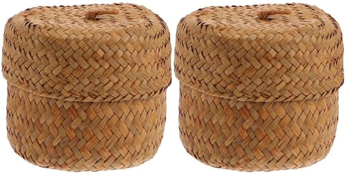 Ciieeo 2Pcs Seagrass Mini Basket with Lid Round Seagrass Storage Basket Handmade Woven Flower Mini Packing Box for Home Shelf Decor Wood Color