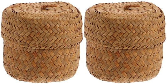 Ciieeo 2Pcs Seagrass Mini Basket with Lid Round Seagrass Storage Basket Handmade Woven Flower Mini Packing Box for Home Shelf Decor Wood Color