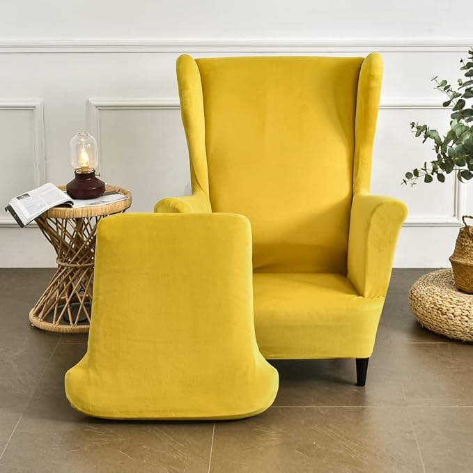 OBCREAT Wingback Chair Covers,2 Piece Stretch Velvet Wingback Chair Slipcover Soft Wing Chair Sofa Covers with Elastic Bottom,Armchair Couch Cover Furniture Protector for Living Room (Yellow)