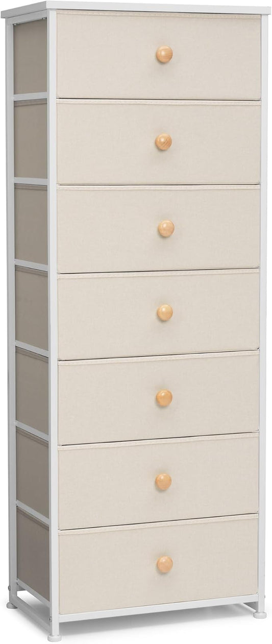 Crestlive Products Tall Dresser, 7-Drawer Fabric Storage Tower, Chests of Drawers - Vertical Organizer Unit for Bedroom, Hallway, Entryway, Nursery, Closets - Steel Frame, Wood Top & Handles (Beige)