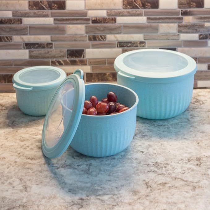 Set of 3 Bowls with Lids - Microwave, Freezer, and Fridge Safe Nesting Mixing Bowls - Eco-Conscious Kitchen Essentials by Classic Cuisine (Teal), S, M, L