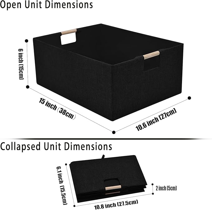Fabric Storage Basket for Shelves, Collapsible Storage Bins with wood Handles, Rectangle Closet Baskets, Wardrobe Organiser, for Sorting Clothes, Family Items (Black) (2)