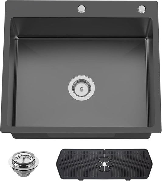 Black Kitchen And Bar Sink, 25x22 Inch Stainless Steel Drop In Kitchen Sink Modern Single Bowl Topmount Bar Sink Combo-Silicon Mat,Drain Strainer Set Compatibility With Various Kitchen & Bar Style
