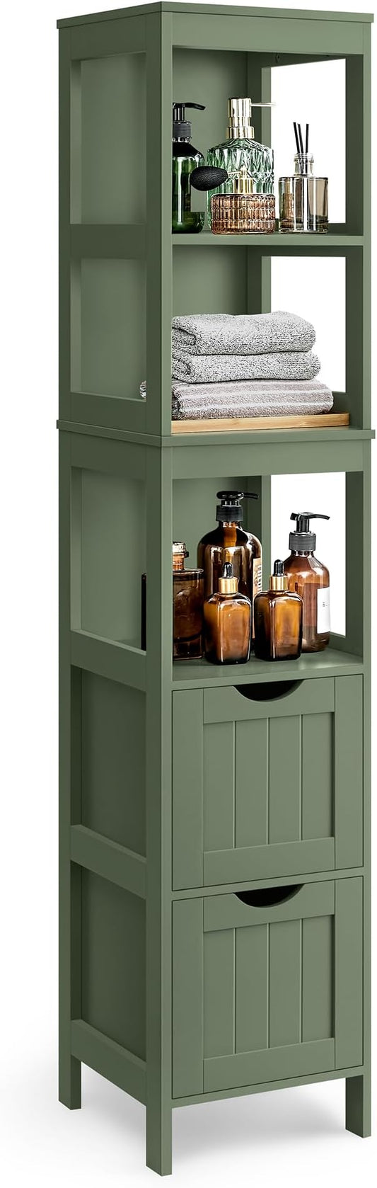 VASAGLE Storage Cabinet, Storage Organizer Rack Stand for Bathroom, Living Room, Bedroom, Multifunctional Corner Unit, 2 Drawers, 55.7 Inches in Height, Forest Green UBBC066C01