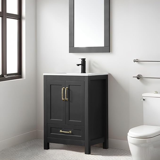 eclife 24" Bathroom Vanities with Sink Combo, Modern Thickened Wood Bathroom Storage Cabinet w/Undermount Sink, Matte Black Faucet Drain, Painted Surface, Black