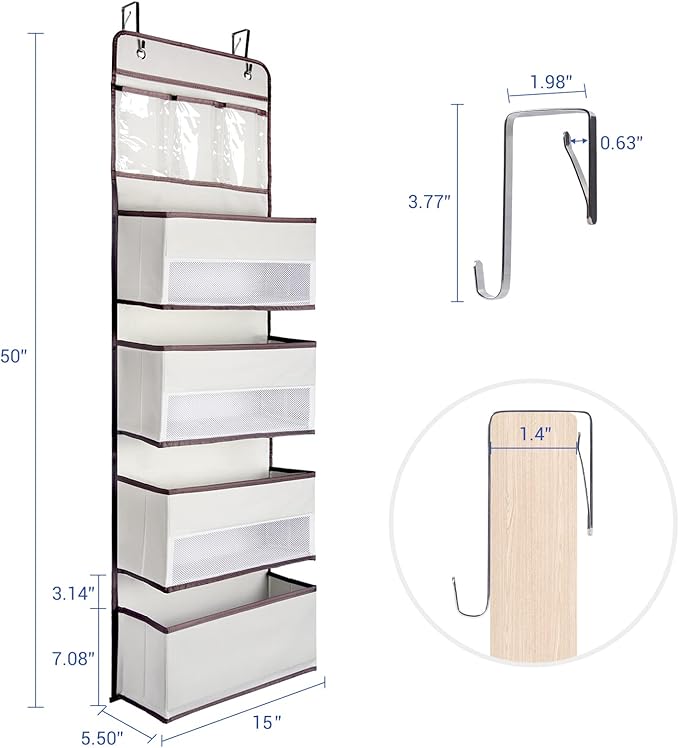 NesTidy Over The Door Organizer Storage, Wall Mount Hanging Organizer with 4 Large Capacity Pocket Organizers and 3 Small Pockets for Baby Essentials, Toys, Cosmetics, and Sundries (Beige, 1 Pack)
