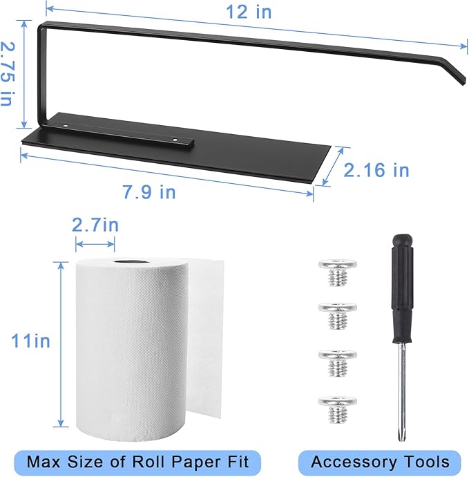 Paper Towel Holder Black, Magnetic Paper Towel Holder for Fridge, Toilet Paper Roll Holder Magnet Towel Rack Wall Mount Fridge Organizer for Paper Towels Rolls Bathroom Pantry RV Kitchen
