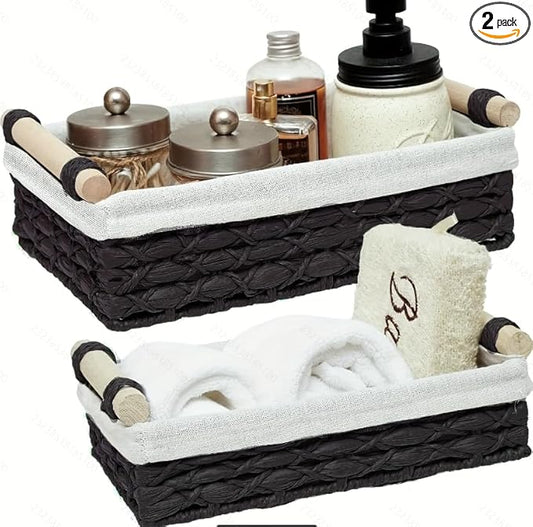 Baskets for Organizing, Set of 2 Black Paper Rope Bathroom Countertop Baskets with Liner, Woven Basket Organizer with Wooden Handles for Vanity, Counter, Shelf Storage