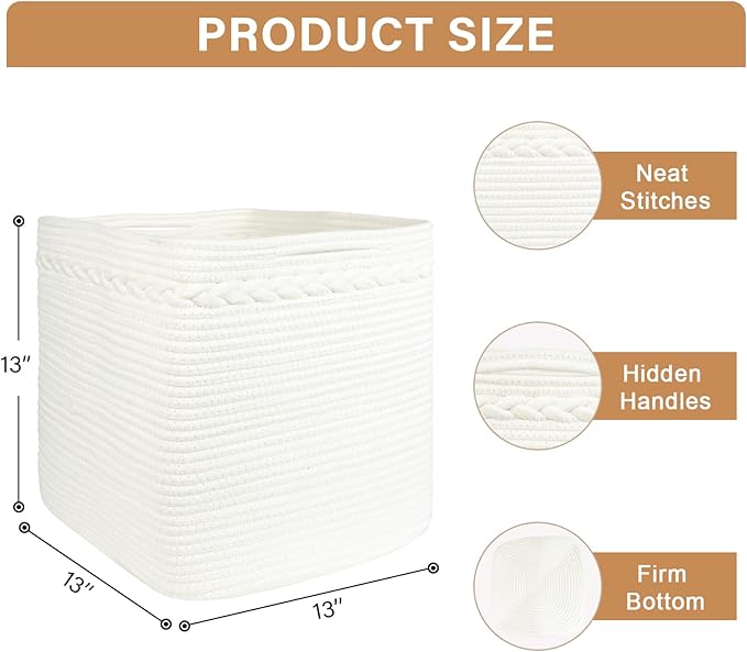 danpinera 13 Inch Cube Storage Baskets, 3-Pack Woven Fabric Organizer Bins, 13"x13" Square Baskets for Cube Storage for Shelves, Baby Nursery, Closet Organizer, White