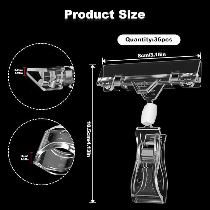 36 Pcs Clear Sign Clips – Double-Sided Rotatable POP Plastic Label Holders for Retail Display, Shelves, Clothing Racks & Price Tags