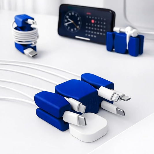 CordBrick Stocking Stuffers for Adults Cord Management Weighted Cord Holder Cable Wrap Phone Stand - Multiuse Gadget Organizer for Nightstand, Desk. Gift for Men, Durable Silicone. 2pk Blue