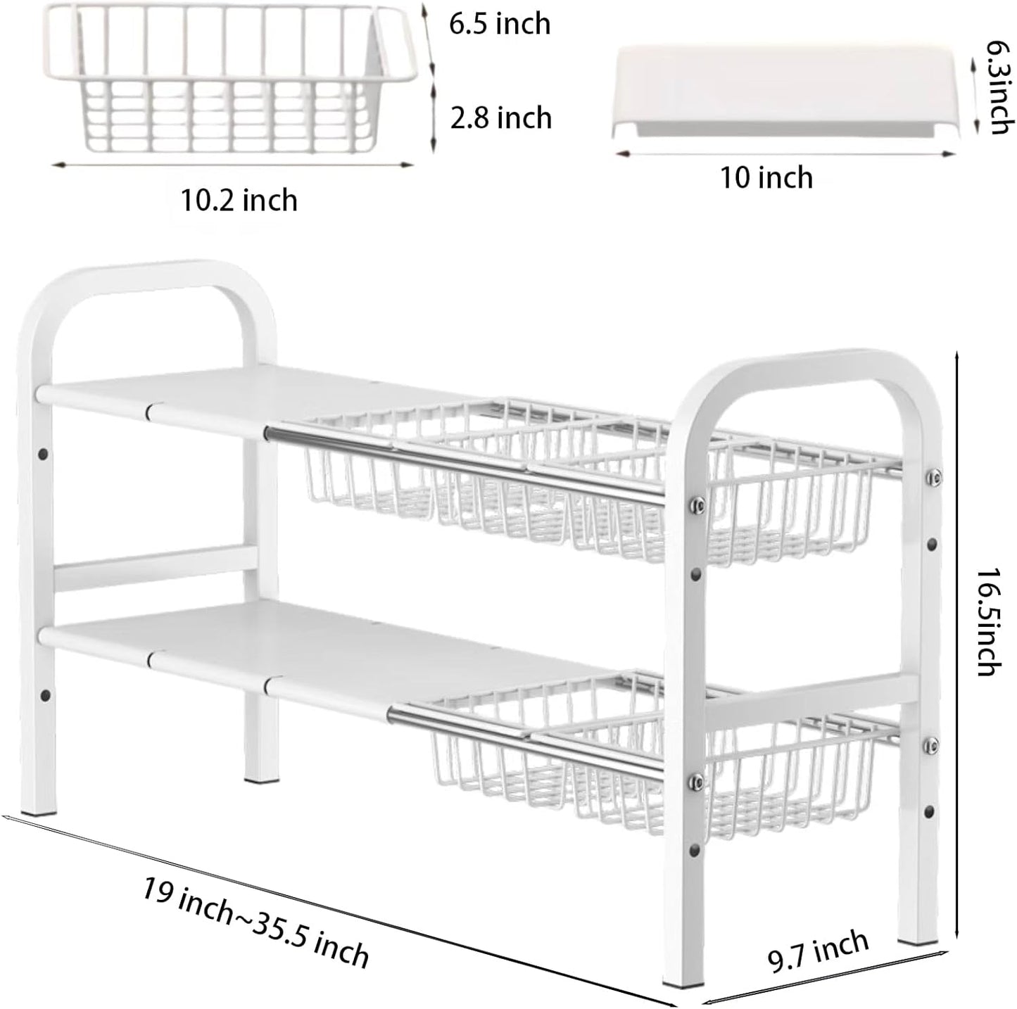 Under Sink Organizer，2 Tier Expandable Heavy Duty Metal Shelf，with 5 Removable Panels and 5 Storage Basket for Under Kitchen Bathroom Sink Organizers and Storage(White, Large)