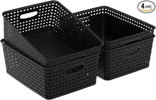 4 Packs Woven Plastic Storage Baskets, Plastic Basets Medium, Black