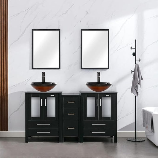 eclife 60" Modern Bathroom Vanity Sink Combo Freestanding Cabinet with Small Side Cabinet, Brown Square Glass Vessel Sink, Water Save Faucet, Drain (Black+A48)