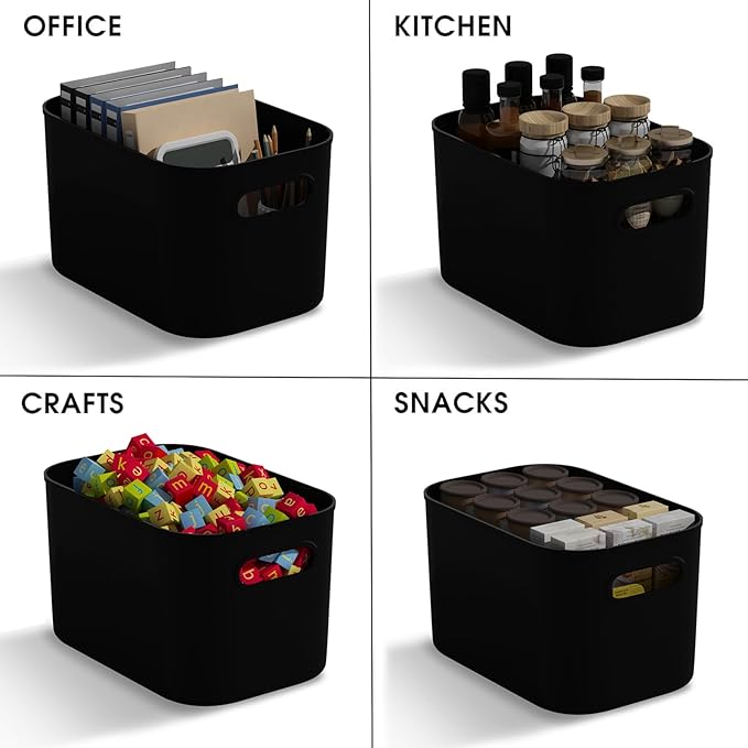 12 Pack Black Plastic Storage Bins, Storage Container for Organizing, Storage Boxes with Handle for Shelves, Cute Organizer Bins for Craft, Snacks, Pantry, Cabinet, 8.7x6.7x5.66inch