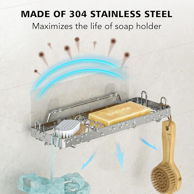 TOMIR Double Bar Soap Holder for Shower Wall with 4 Hooks, Stainless Steel Adhesive Soap Dish for Bathroom Accessories Organizer, Silver