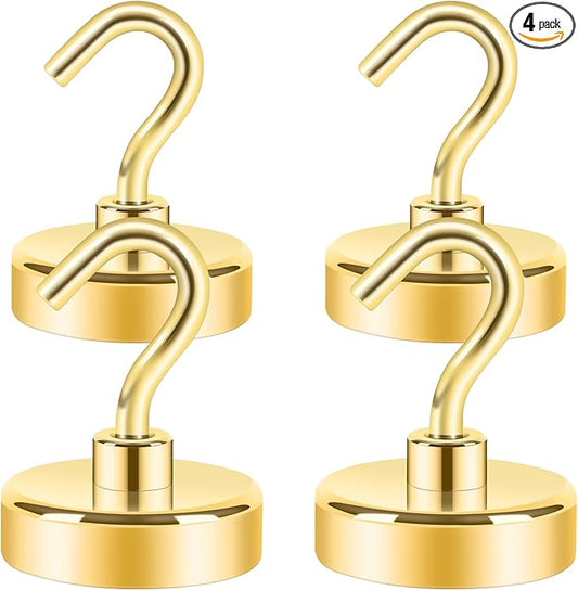 Neosmuk Magnetic Hooks Heavy Duty,Strong Magnet with Hook for Fridge, Super Neodymium Extra Strength Industrial Hooks for Hanging, Magnetic Hanger for Toolbox, Cruise, Grill(Golden,4 Pack)