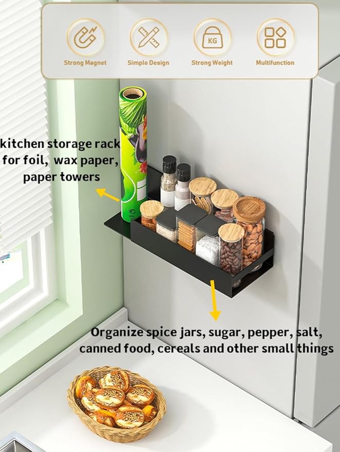 Magnetic Spice Rack with Paper Towel Holder, Kitchen Organizer with Shelf for Fridge, Black Spice Shelf Easy to Install The Side of The Refrigerator, Black Spice Shelf