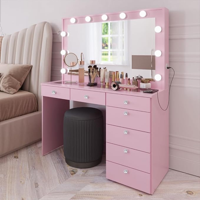 Boahaus Serena Modern Pink Makeup Vanity Desk with Mirror Lights, Power Outlet with USB Ports, Glass Top, Jewelry Divider, 7 Drawers, and Crystal Knobs for Bedroom