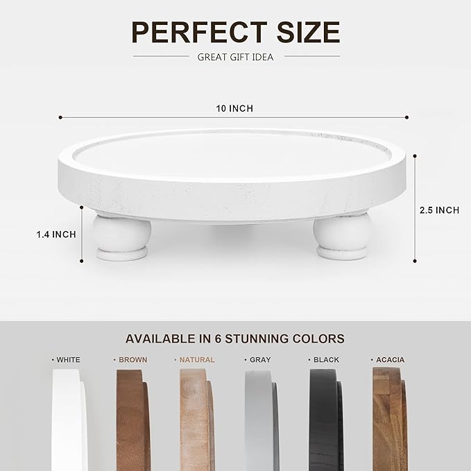 EOSAHR Decorative Wooden Riser for Home Decor : Farmhouse Display Stand for Kitchen Counter, Bathroom Sink and Home Decor - Rustic Round Waterproof Pedestal Tray for Soap, Plant Holder (White)