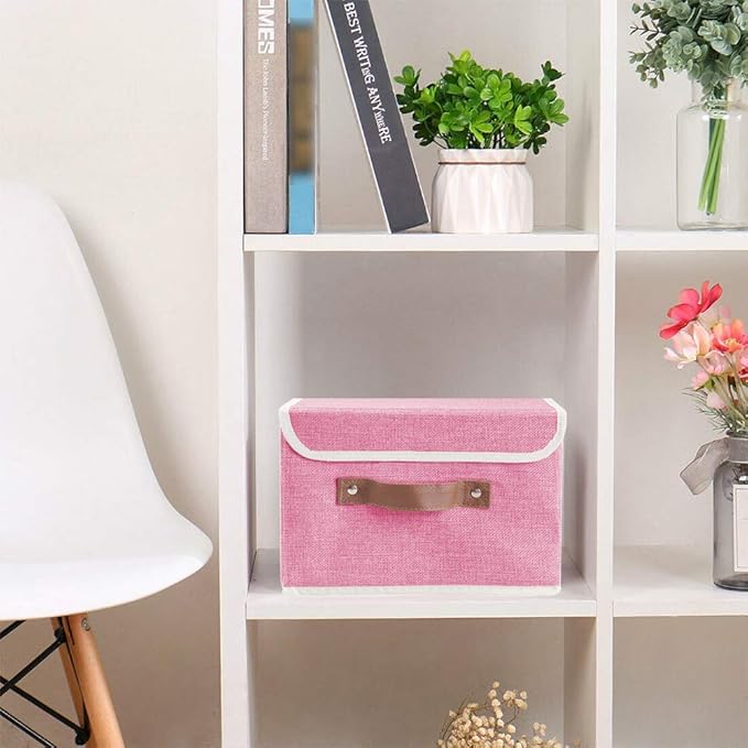 Lucky Monet Storage Bins Boxes with Lids 2 Pack Decorative Storage Boxes Collapsible Fabric Storage Basket Containers Lidded Storage Cube for Organizing Closet Home Office, 10"x 8"x 7" (Pink)
