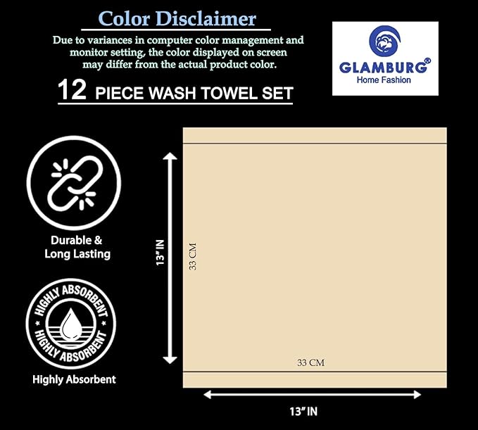 GLAMBURG Ultra Soft 12-Piece Washcloths Set 13x13-100% Ringspun Cotton - Durable & Highly Absorbent Face Towels - Ideal for use in Bathroom, Kitchen, Gym, Spa & General Cleaning - Olive Green