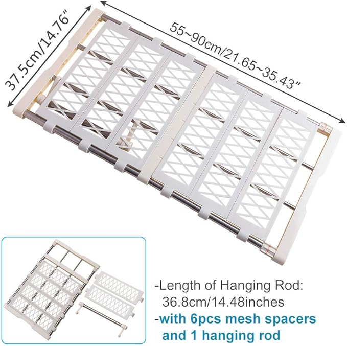 BAOYOUNI Adjustable Closet Shelf Extension Rod Clothes Storage Rack Organizer Hanger DIY Dividers Space Savers with 6 Mesh Spacers and 1 Hanging Rod, 21.65-35.43 in