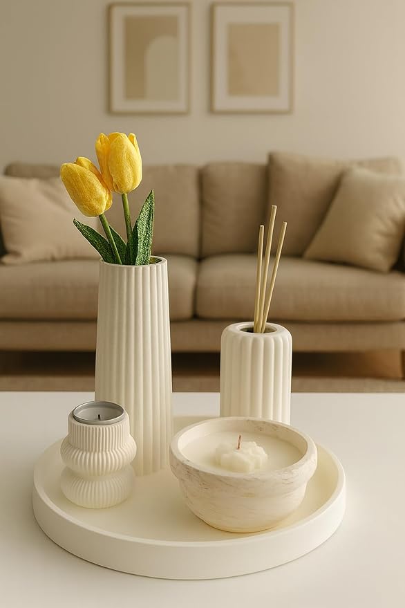 Decorative Concrete Set - Vase, Candle Holder, Room Freshener, and Tray, Minimalist Home Accessories, White - White, One Size