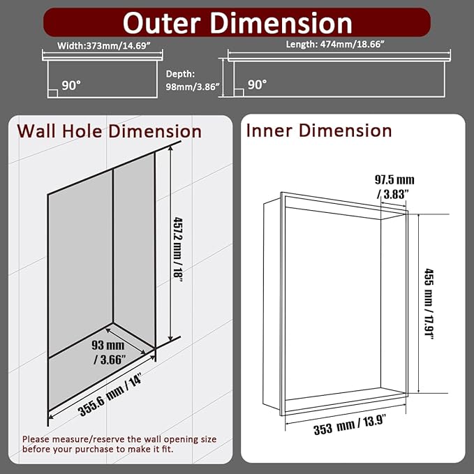 JQK Shower Niche No Tile Need, 18"×14" Matte White Bathroom Insert Shelf, 304 Stainless Steel Recessed Shower Caddy Organizer Storage, SNL1814-WH