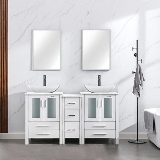 eclife 60" Modern Bathroom Vanity Sink Combo Freestanding Cabinet with Small Side Cabinet, White Curved Ceramic Vessel Sink, Water Save Faucet, Drain (White+T32)