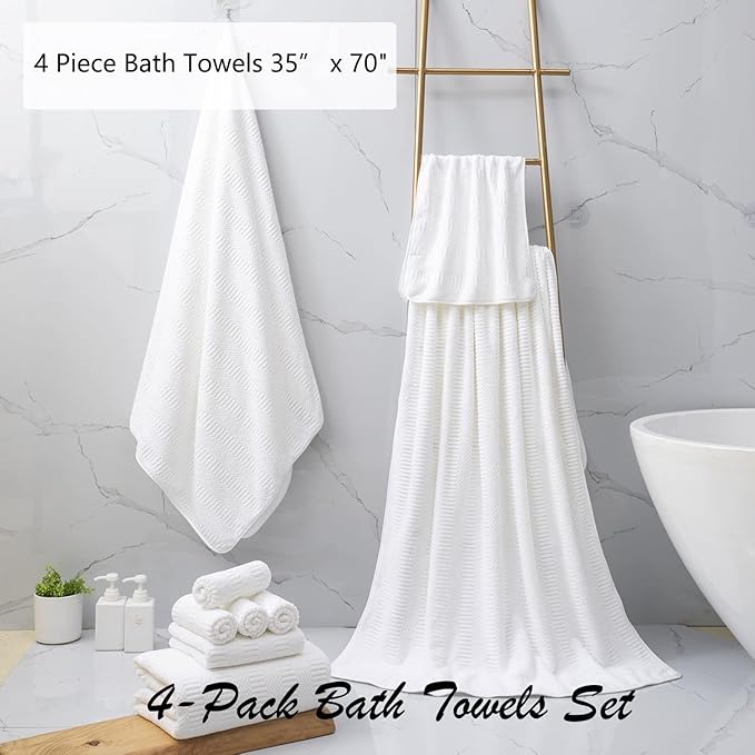 Oliven 4 Pcs White Large Bath Sheet Set 35"x70" Oversized Bath Towel Jumbo Towels 600GSM Soft Highly Absorbent Quick Dry Beach Chair Towels Woven Towel for Bathroom Hotel and Spa