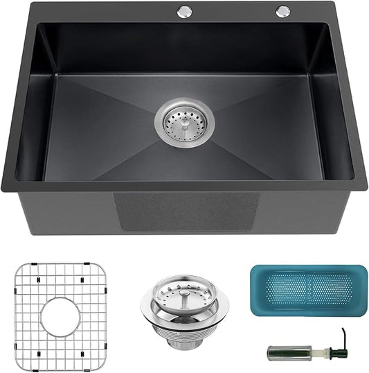 Black Kitchen Sink, Drop In Stainless Steel 30x22x8 Inch Topmount Single Bowl Bar Sink With Accessories-Stainless Grid,Strainer Basket,Soap Dispenser,Drain Assembly Set For Modern&Classic Kitchen