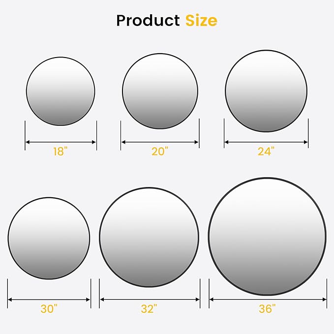 32 in Round Mirror for Wall, Black Metal Frame Circle Mirror, Round Bathroom Mirror for Wall Decor, Mirror for Entryway, Vanity, Bedroom, Easy to Install