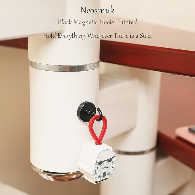 Neosmuk Black Magnetic Hooks, Strong Magnet with Hook for Fridge, Super Neodymium Extra Strength Industrial Hooks for Hanging (Matte Black,4 Pack)