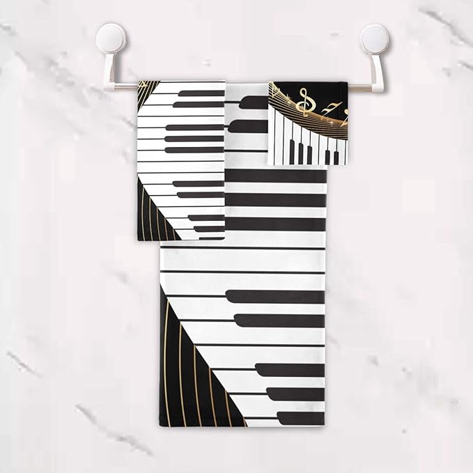 3 Piece Black White Gold Music Theme Bath Towel Set,Microfiber Golden Musical Notes Piano Instrument Decorative Guest Bathroom Towels,1 Bath Towel 1 Hand Towel for Kitchen,1 Washcloth for Face