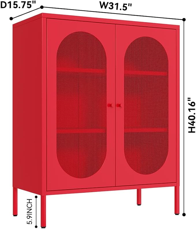 Red Metal Locker Storage Accent Cabinets with 2 Adjustable Shelves, 3 Tier Metal Storage Cabinet with Legs, Steel Cupboard Lockers for Kids Bedroom, Home, Office, Entryway, Kitchen (Mash Door)