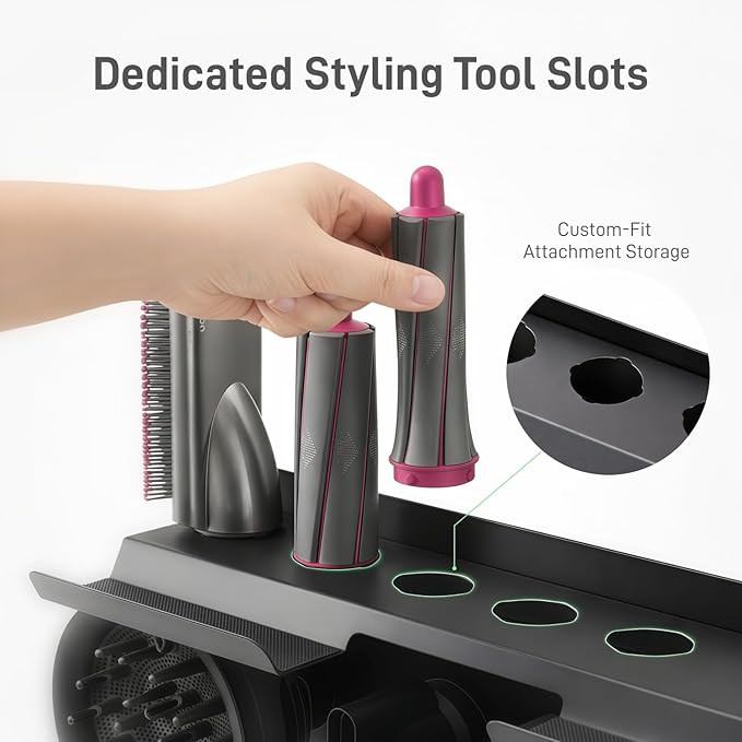 Dyson Airwrap Holder, Dyson Hair Dryer Wall Mount & Dyson Airwrap Organizer 2-in-1 Stainless Steel Storage for Airwrap & Hair Dryer Accessories, Space Saving Bathroom Vanity Dyson Shelf