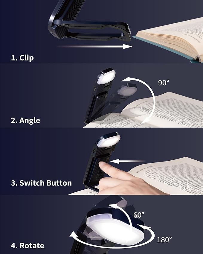 Book Reading Light, Rechargeable Clip on Booklight, Eye Caring 3 Color Temperatures & 5 Brightness Levels, Night Use for Bed, Long Lasting, Reading at Night in Bed, Deep Blue