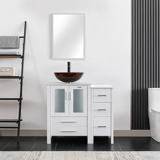eclife 36" Modern Bathroom Vanity Sink Combo Freestanding Cabinet with Small Side Cabinet, Brown Round Glass Vessel Sink, Water Save Faucet, Drain (White+A09)
