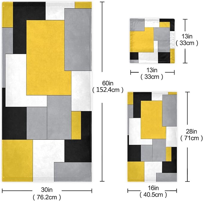 Yellow Black Geometric Bath Towels Set,Ultra Soft 3 Piece White Grey Abstract Modern Towels for Bathroom,1 Bath Towel 1 Hand Towel 1 Washcloth,Absorbent Quick Dry Decoractive Bathroom Towels