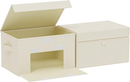 Convenient Storage Bins for Taking Clothes, Fabric Boxes with Flip Cover, Collapsible Organizer with Handles, Cube Baskets for Home, Bedroom, Closet, 13x9.1x7.9in, Beige, 2 Pack