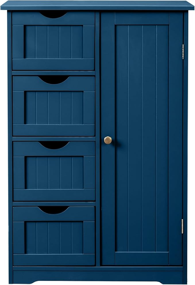 Karl home Freestanding Bathroom Floor Cabinet, Narrow Slim Skinny Storage Unit with 4 Drawers & 1 Cupboard, Towel Organizer for Bathroom, Compact Bath Storage, Navy Blue