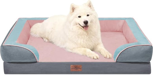 Comfort Expression Orthopedic Dog Bed for Large Dogs 36x27 Inch, Waterproof Egg Crate Foam Large Pet Bed with Removable Bolsters, Dog Couch with Washable Cover & Non-Slip Bottom, Cherry Blossom