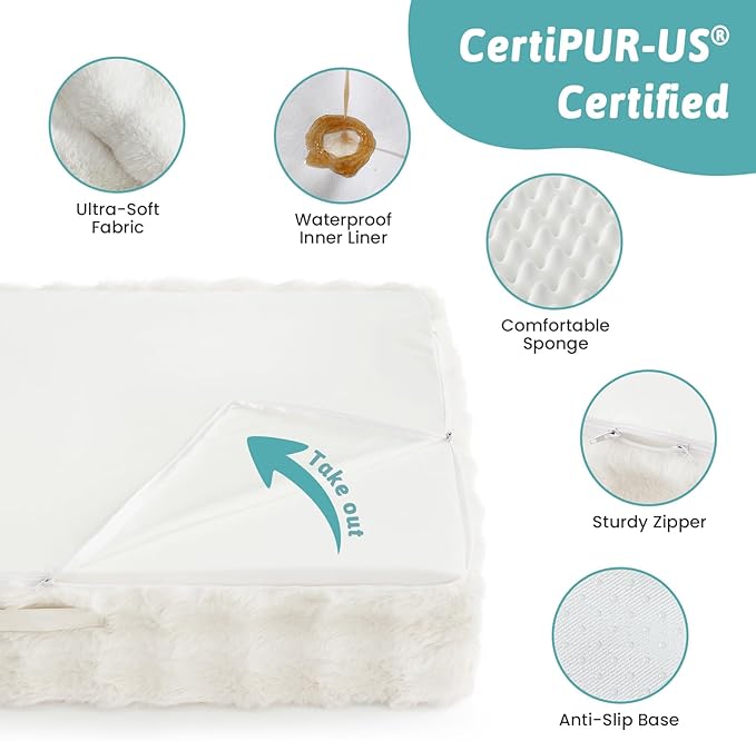 Faux Fur Orthopedic Dog Bed, Large Dog Bed, Supportive Foam Pet Sofa with Waterproof Lining Cover, Washable U-Shaped Pet Couch with Anti-Slip Bottom Design, Beige XL 42x30x7 inch