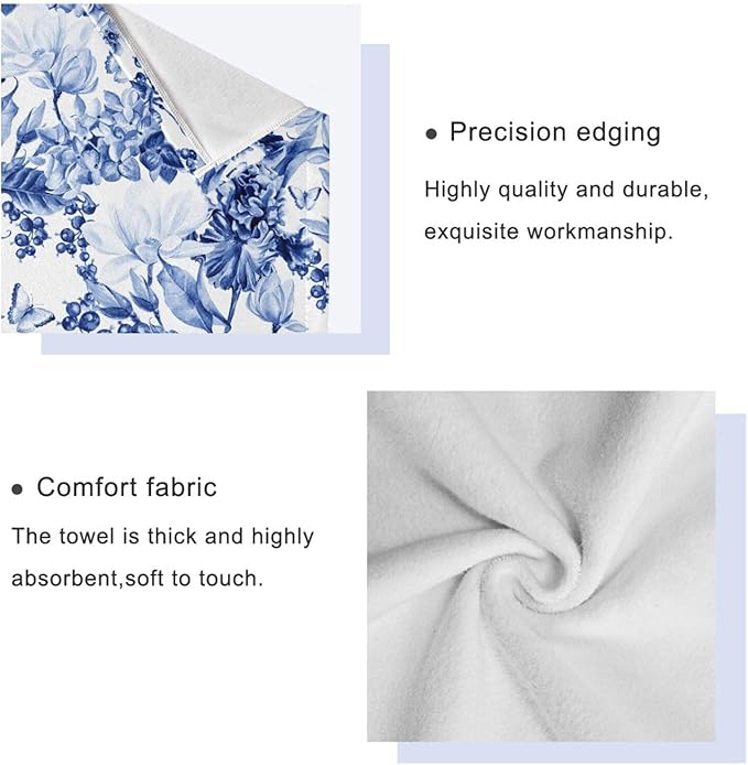 3 Piece Navy Blue Floral Bath Towels Set,Microfiber Absorbent Blue Magnolia Flower Berries Butterfly Towels for Bathroom,1 Bath Towel,1 Hand Towel,1 Washcloth,Decorative Bathroom Towels