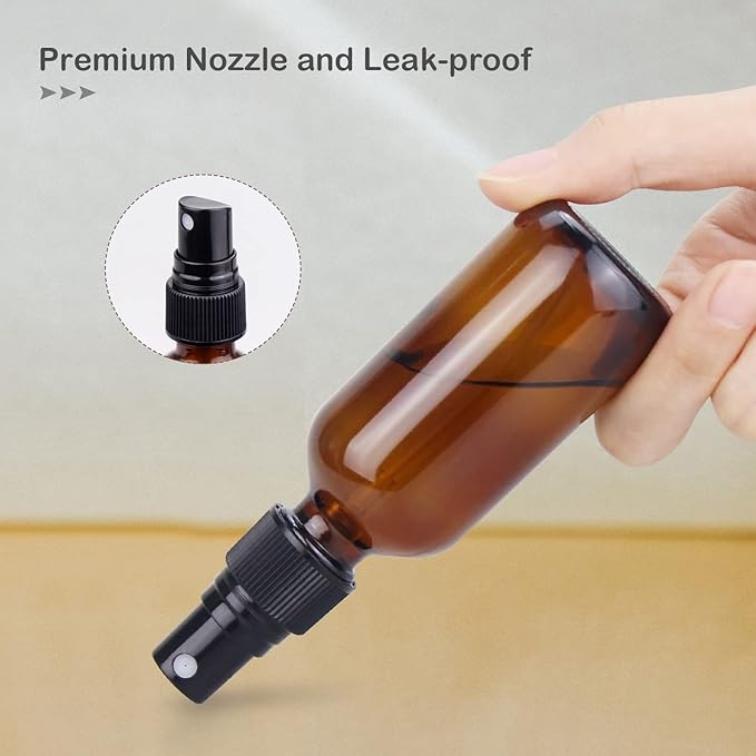 Wedama 2 oz Mini Glass Spray Bottles, Empty Small Spray Bottles with Funnel Dropper, Fine Mist for Hair, Travel, Plants, Cleaning Solutions and Skin Care (4 Pack Amber)