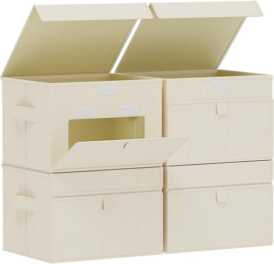 Convenient Storage Bins for Taking Clothes, Fabric Boxes with Flip Cover, Collapsible Organizer with Handles, Cube Baskets for Home, Bedroom, Closet, 10.2x7.9x6.7in, Beige, 4 Pack