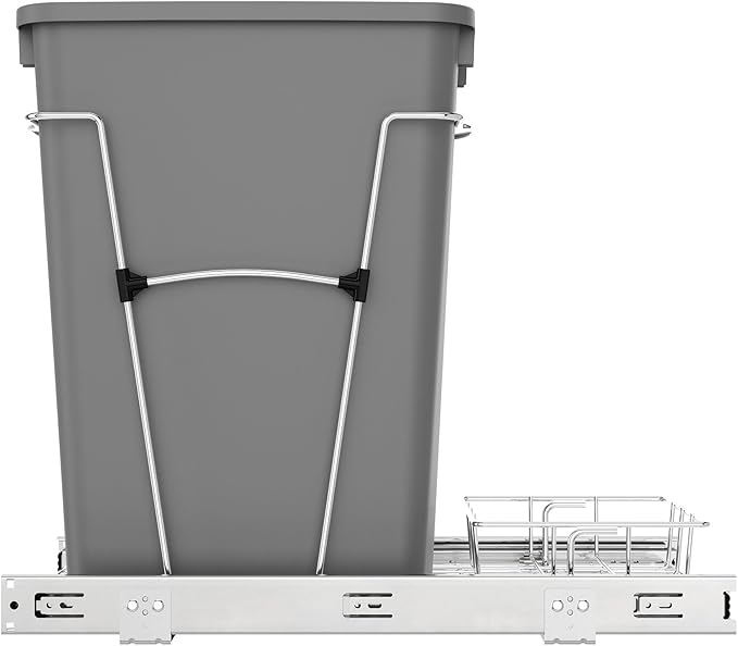 Rev-A-Shelf Pullout Trash Can for Kitchen Cabinets 35 Qt Garbage Waste Recycling Bin w/ Full Extension Slide, Metallic Silver, RV-12KD-17C S