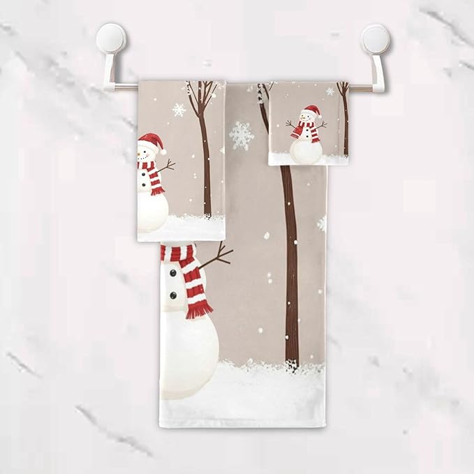 Winter Snowman Bird Tree Snow Towels Set of 3 Snowflakes Peach Christmas Bathroom Towel Soft Absorbent Bath Hand Towels Washcloth Guest Towel Sets Rustic Farmhouse Xmas Holiday Decor